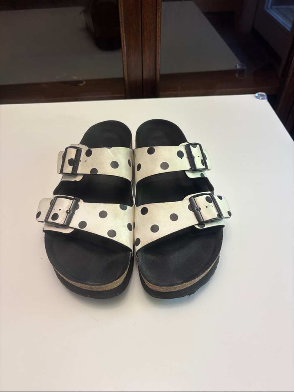 Papillon Birkenstock Polka Dot Double Strap Slide Sandals - White & Black